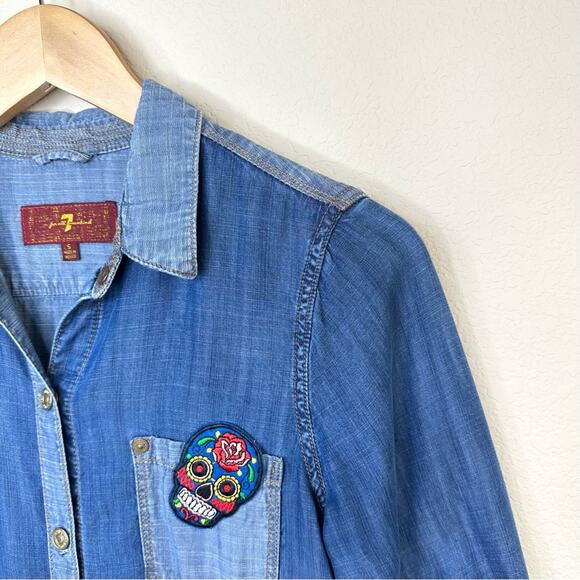 7 For All Mankind Herz Skeleton Patch Denim Button Down  Shirt Women’s Size S - Picture 5 of 16